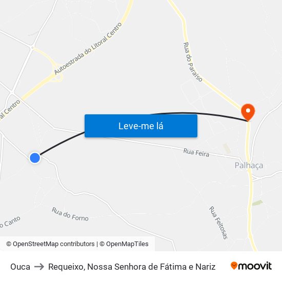 Ouca to Requeixo, Nossa Senhora de Fátima e Nariz map