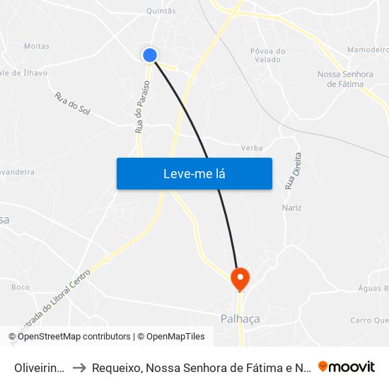 Oliveirinha to Requeixo, Nossa Senhora de Fátima e Nariz map