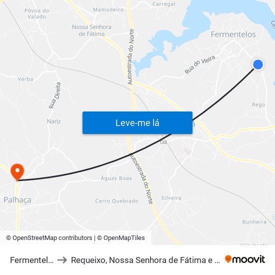 Fermentelos to Requeixo, Nossa Senhora de Fátima e Nariz map