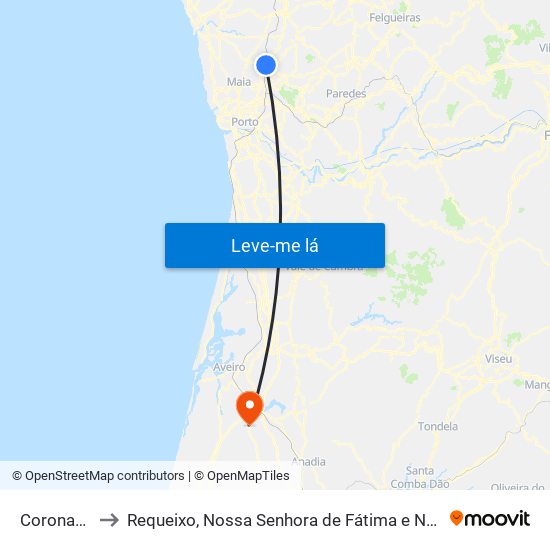 Coronado to Requeixo, Nossa Senhora de Fátima e Nariz map