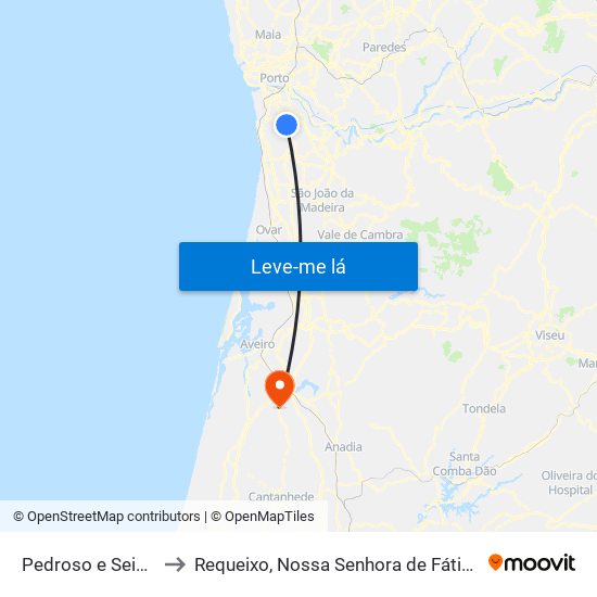 Pedroso e Seixezelo to Requeixo, Nossa Senhora de Fátima e Nariz map