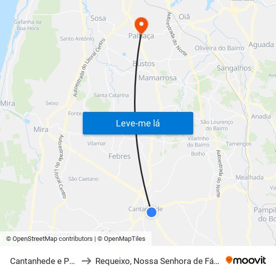 Cantanhede e Pocariça to Requeixo, Nossa Senhora de Fátima e Nariz map