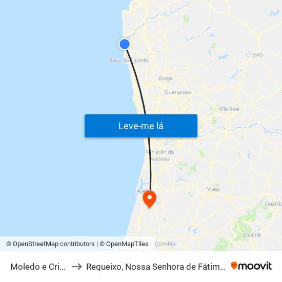 Moledo e Cristelo to Requeixo, Nossa Senhora de Fátima e Nariz map