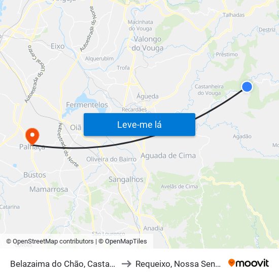 Belazaima do Chão, Castanheira do Vouga e Agadão to Requeixo, Nossa Senhora de Fátima e Nariz map