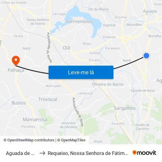 Aguada de Cima to Requeixo, Nossa Senhora de Fátima e Nariz map