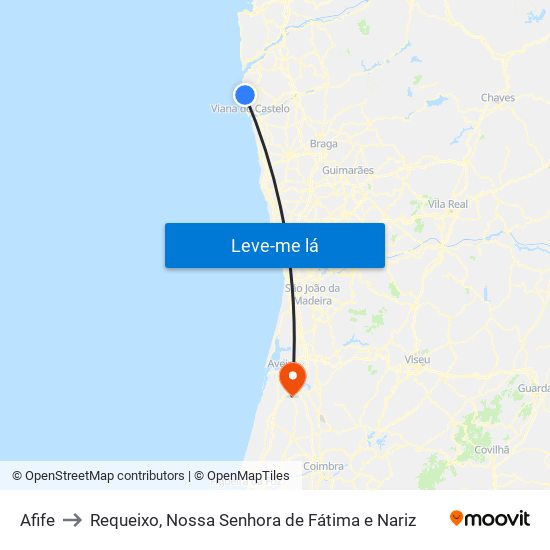 Afife to Requeixo, Nossa Senhora de Fátima e Nariz map