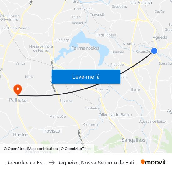 Recardães e Espinhel to Requeixo, Nossa Senhora de Fátima e Nariz map