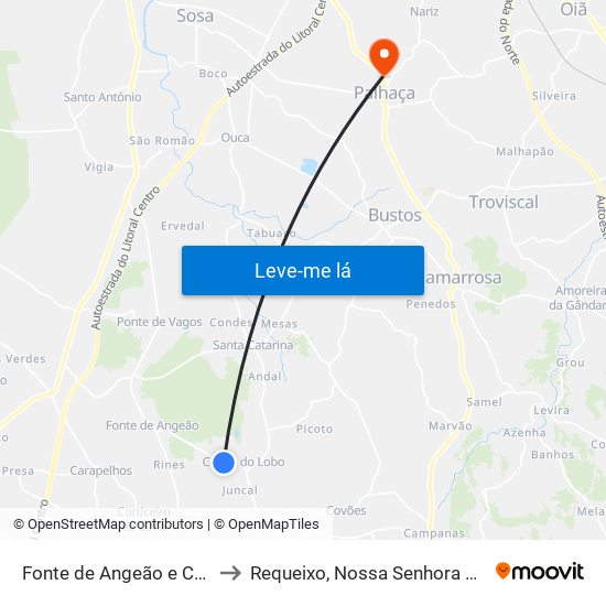 Fonte de Angeão e Covão do Lobo to Requeixo, Nossa Senhora de Fátima e Nariz map