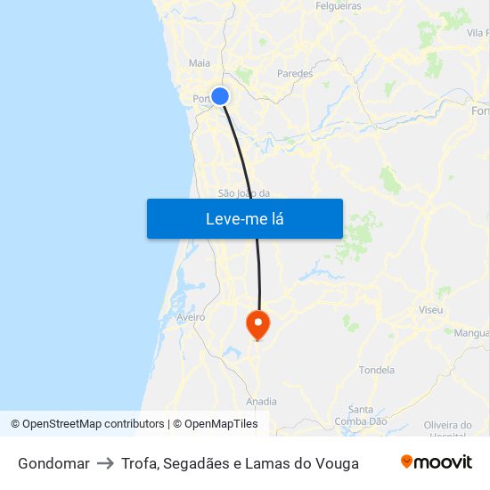 Gondomar to Trofa, Segadães e Lamas do Vouga map