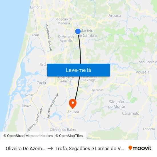 Oliveira De Azeméis to Trofa, Segadães e Lamas do Vouga map