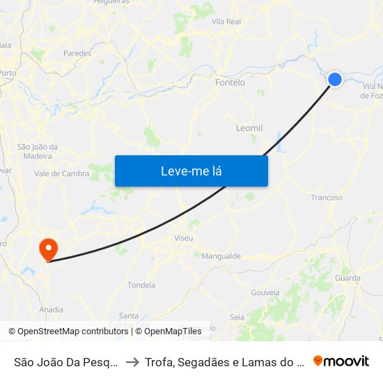 São João Da Pesqueira to Trofa, Segadães e Lamas do Vouga map