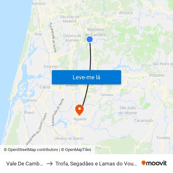 Vale De Cambra to Trofa, Segadães e Lamas do Vouga map