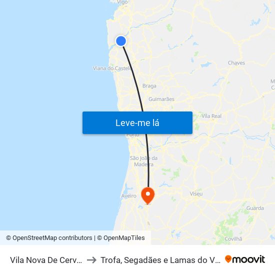 Vila Nova De Cerveira to Trofa, Segadães e Lamas do Vouga map