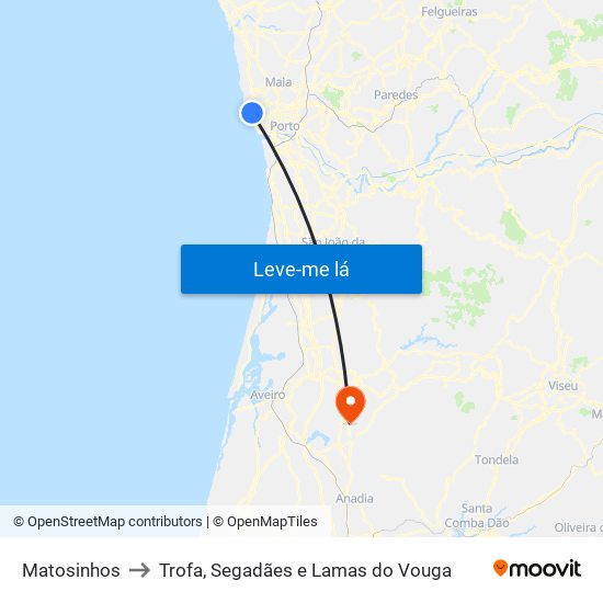 Matosinhos to Trofa, Segadães e Lamas do Vouga map