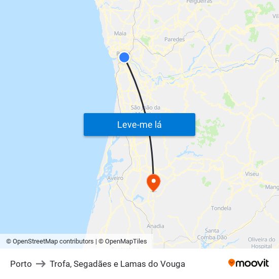 Porto to Trofa, Segadães e Lamas do Vouga map