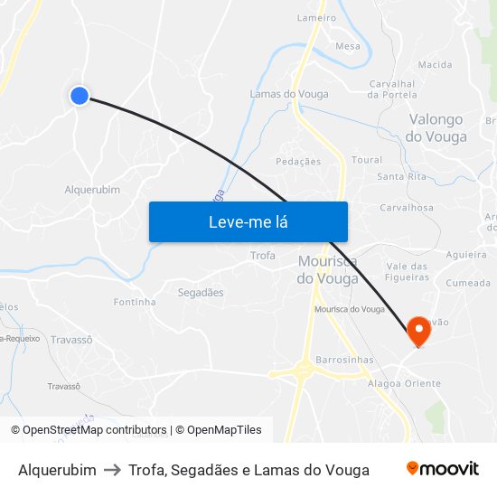 Alquerubim to Trofa, Segadães e Lamas do Vouga map