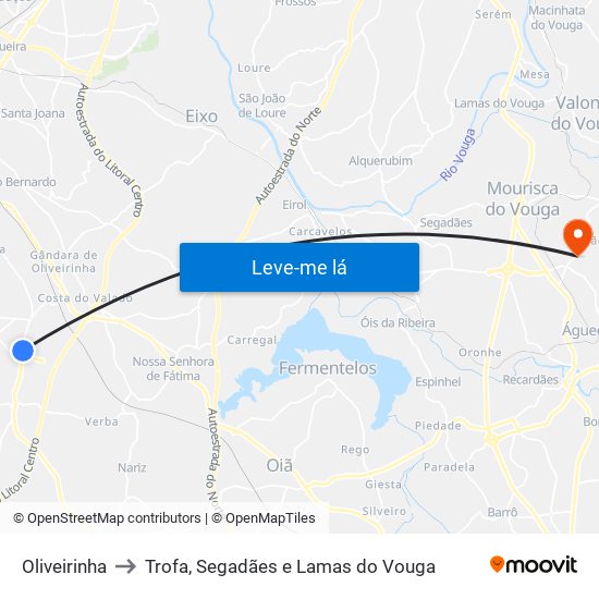 Oliveirinha to Trofa, Segadães e Lamas do Vouga map