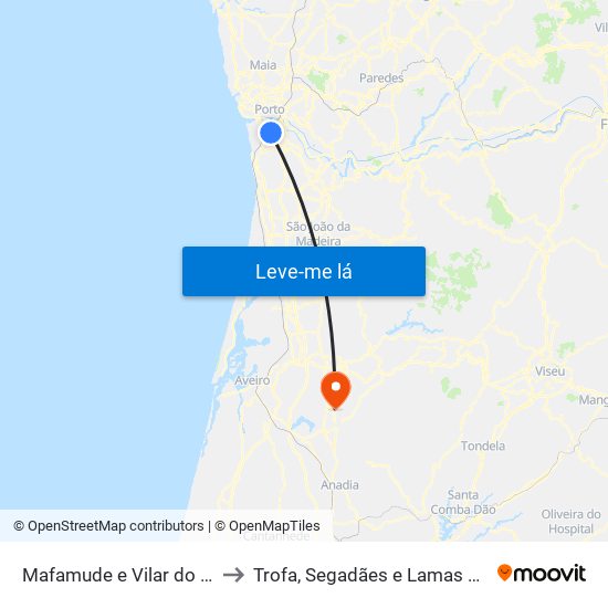 Mafamude e Vilar do Paraíso to Trofa, Segadães e Lamas do Vouga map