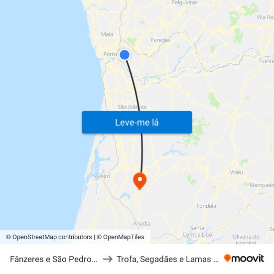 Fânzeres e São Pedro da Cova to Trofa, Segadães e Lamas do Vouga map