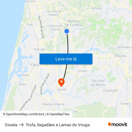 Ossela to Trofa, Segadães e Lamas do Vouga map