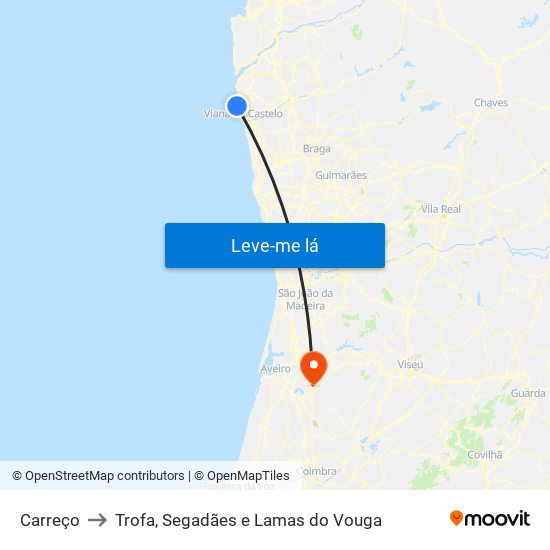 Carreço to Trofa, Segadães e Lamas do Vouga map