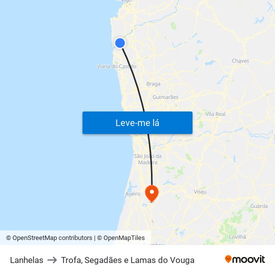 Lanhelas to Trofa, Segadães e Lamas do Vouga map