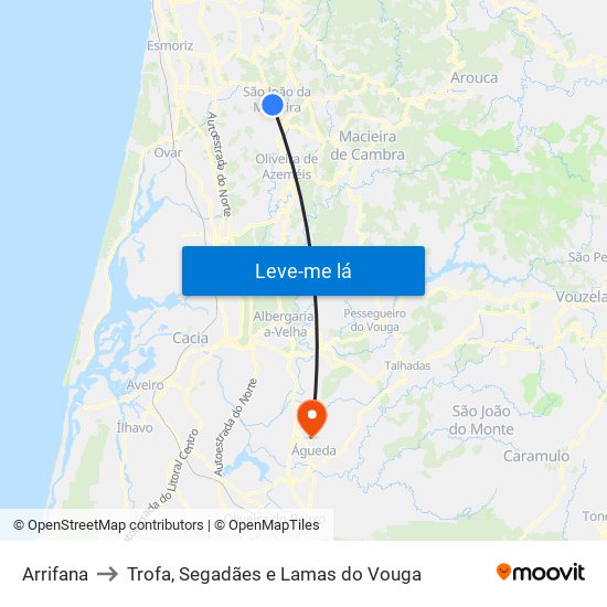 Arrifana to Trofa, Segadães e Lamas do Vouga map