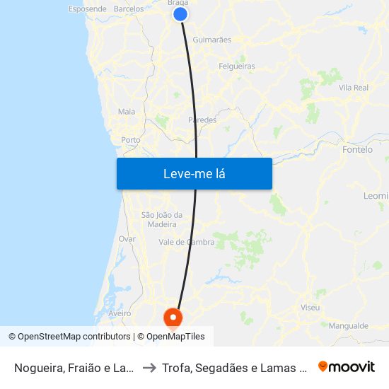 Nogueira, Fraião e Lamaçães to Trofa, Segadães e Lamas do Vouga map