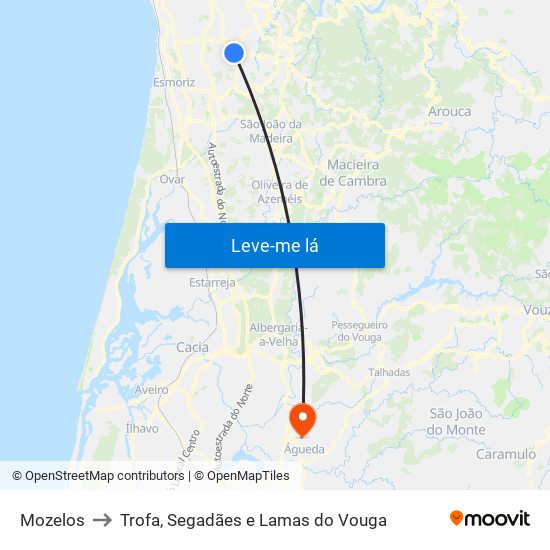 Mozelos to Trofa, Segadães e Lamas do Vouga map