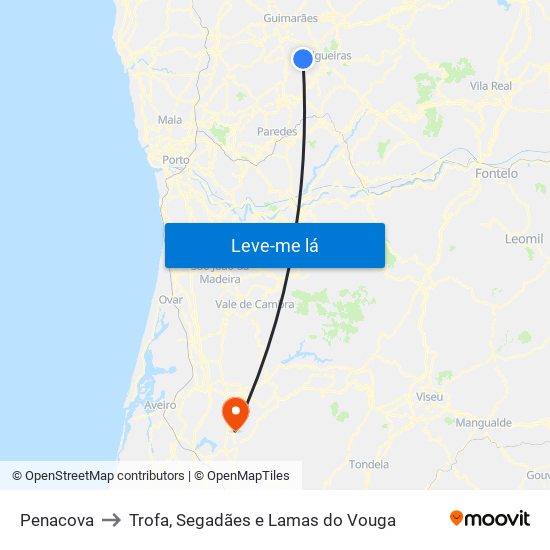 Penacova to Trofa, Segadães e Lamas do Vouga map