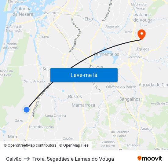 Calvão to Trofa, Segadães e Lamas do Vouga map