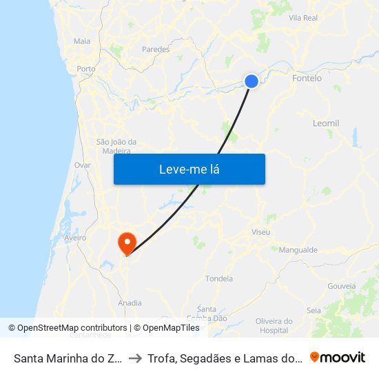 Santa Marinha do Zêzere to Trofa, Segadães e Lamas do Vouga map