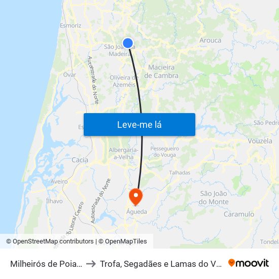 Milheirós de Poiares to Trofa, Segadães e Lamas do Vouga map