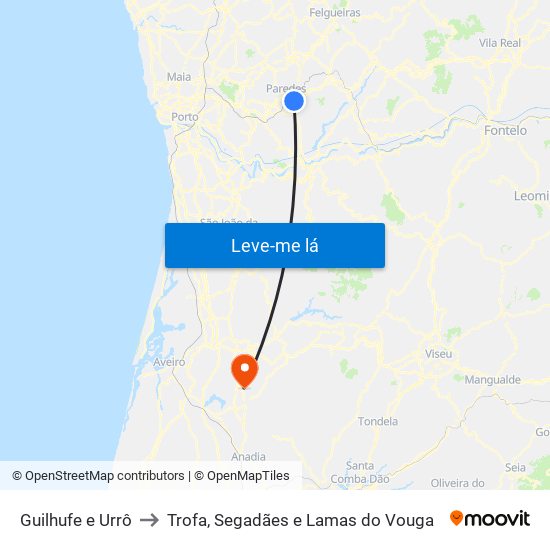 Guilhufe e Urrô to Trofa, Segadães e Lamas do Vouga map