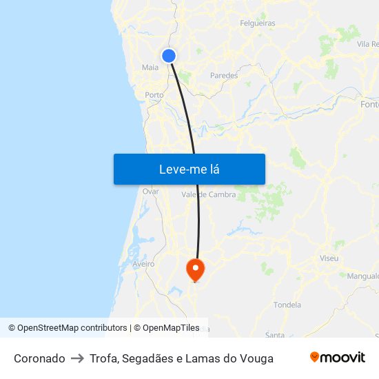 Coronado to Trofa, Segadães e Lamas do Vouga map