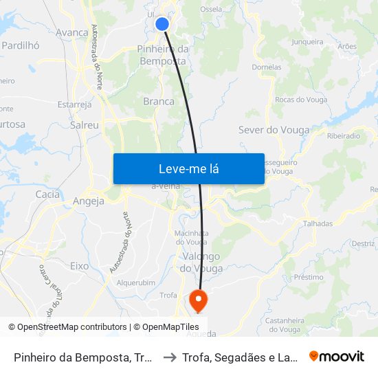 Pinheiro da Bemposta, Travanca e Palmaz to Trofa, Segadães e Lamas do Vouga map