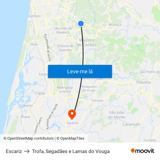 Escariz to Trofa, Segadães e Lamas do Vouga map