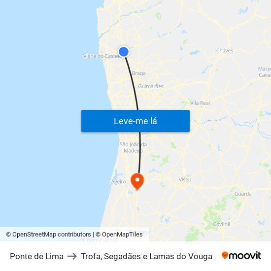 Ponte de Lima to Trofa, Segadães e Lamas do Vouga map