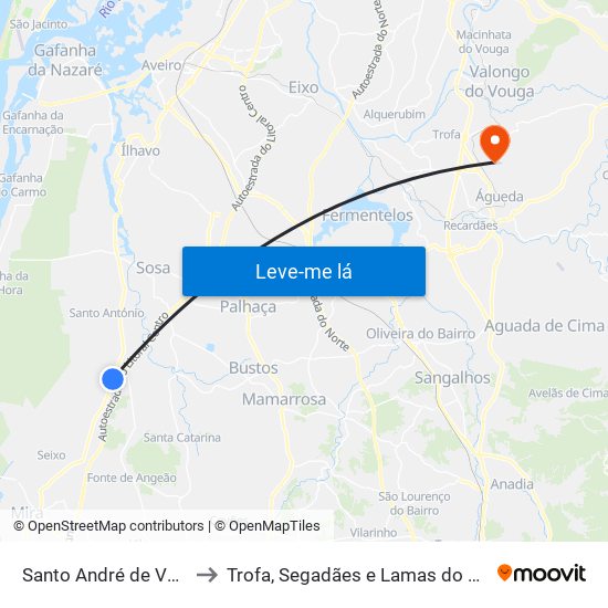 Santo André de Vagos to Trofa, Segadães e Lamas do Vouga map