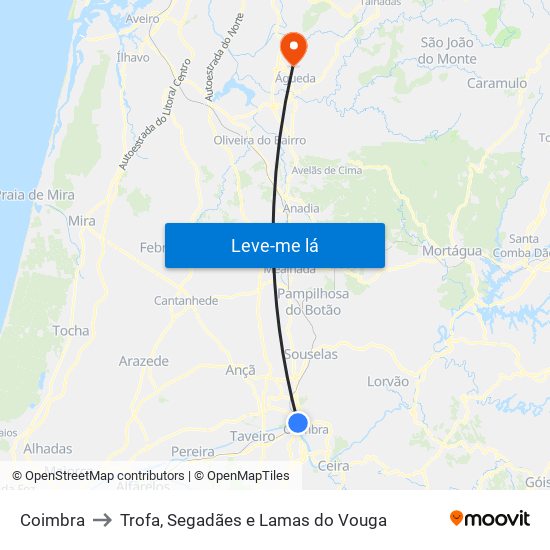 Coimbra to Trofa, Segadães e Lamas do Vouga map