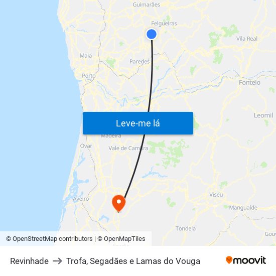 Revinhade to Trofa, Segadães e Lamas do Vouga map