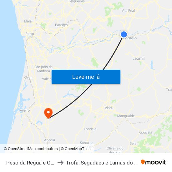 Peso da Régua e Godim to Trofa, Segadães e Lamas do Vouga map