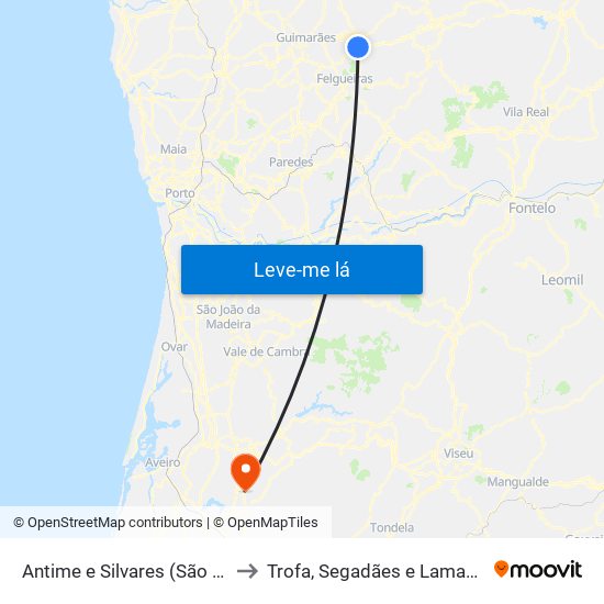 Antime e Silvares (São Clemente) to Trofa, Segadães e Lamas do Vouga map