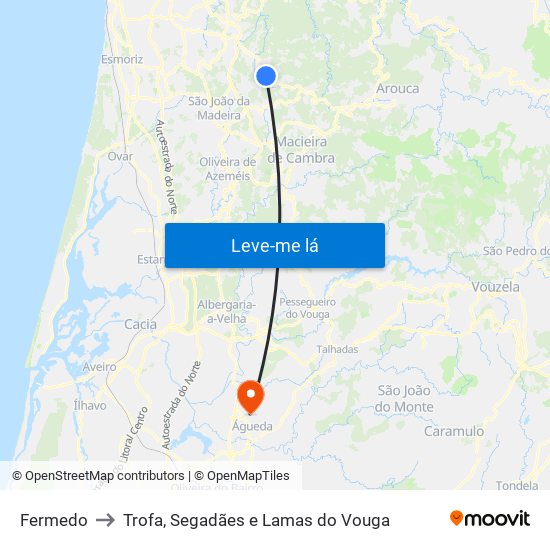 Fermedo to Trofa, Segadães e Lamas do Vouga map
