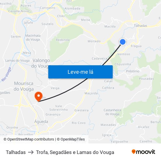 Talhadas to Trofa, Segadães e Lamas do Vouga map