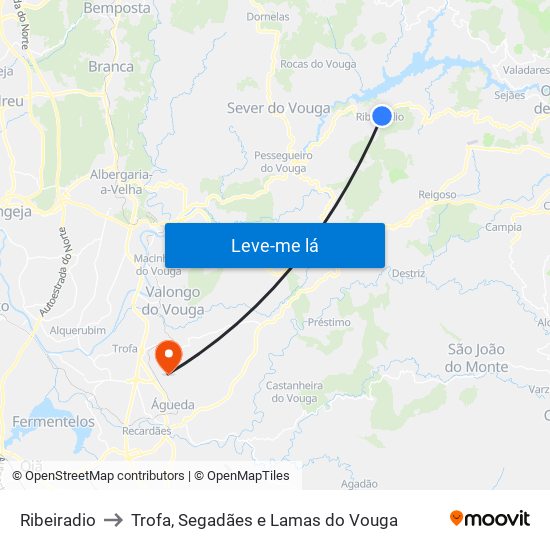 Ribeiradio to Trofa, Segadães e Lamas do Vouga map