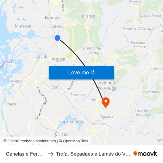 Canelas e Fermelã to Trofa, Segadães e Lamas do Vouga map