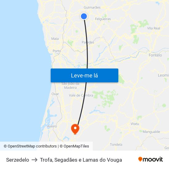 Serzedelo to Trofa, Segadães e Lamas do Vouga map