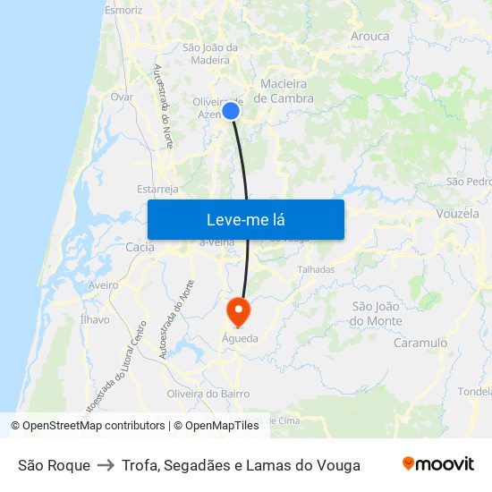 São Roque to Trofa, Segadães e Lamas do Vouga map