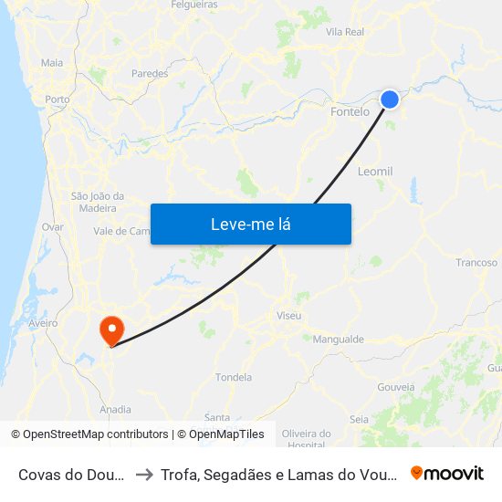 Covas do Douro to Trofa, Segadães e Lamas do Vouga map